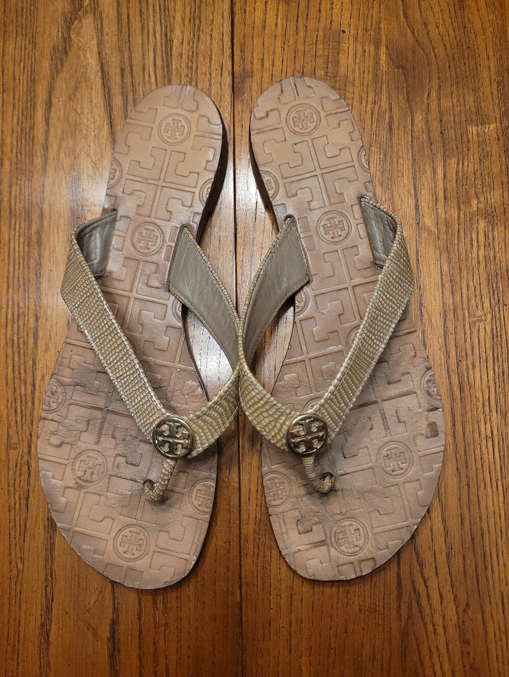 Tory Burch Thora Thong Sandals | Gold Embossed Leather | Size 9, Flip Flop